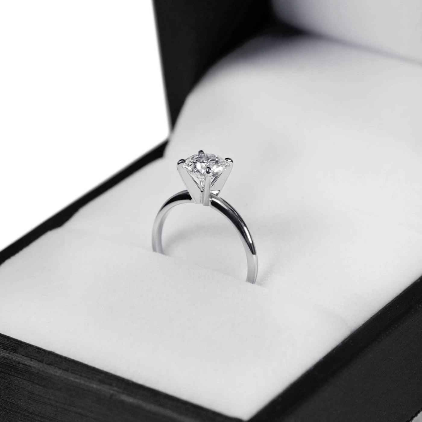 1ct lab-grown diamond solitaire ring in ring box in sizes $5, 5.5, 6, 6.5, 6.75, 7, 8$
