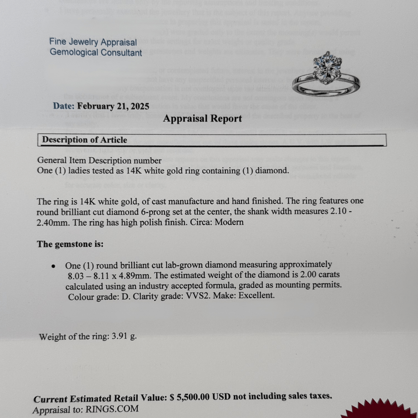 Appraisal for 2 carat solitaire lab-grown diamond engagement ring in 14K gold — sizes $4, 4.5, 5, 5.5, 6, 6.5, 7, 7.5, 8, 8.5, 9, 9.5, 10$