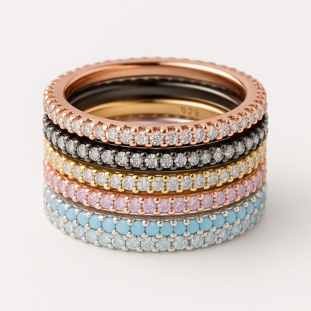 Stackable 925 sterling silver CZ diamond eternity bands in colors $White, Gold, Rose, Pink, Black, Blue$ — perfect for women’s everyday wear or gifts