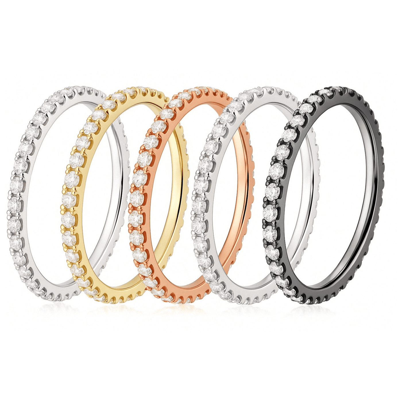 Stackable 925 sterling silver CZ diamond eternity bands in colors $White, Gold, Rose, Pink, Black, Blue$ — perfect for women’s everyday wear or gifts