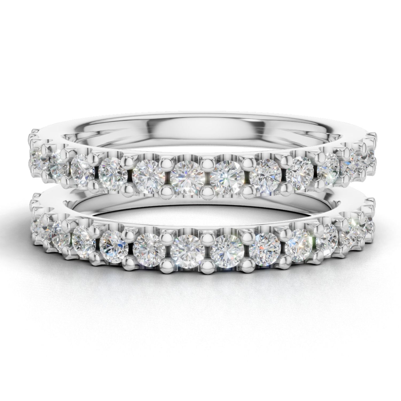 Front view of diamond wrap band in 14K white gold showing two-piece design that wraps around an engagement ring for a unified look. Available in sizes $4, 4.5, 5, 5.5, 6, 6.5, 7, 7.5, 8, 8.5, 9, 9.5, 10$