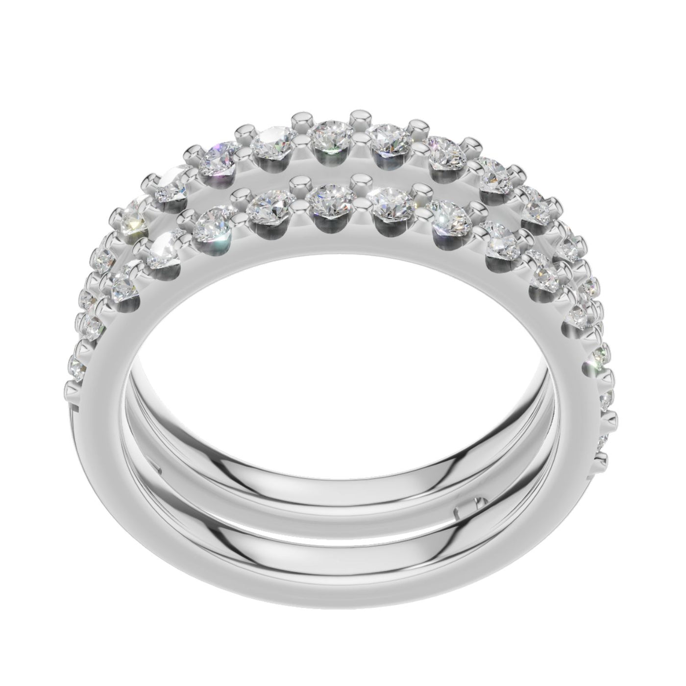 Top view of 14K white gold diamond wrap enhancer band featuring double rows of round lab-grown diamonds. Available in sizes $4, 4.5, 5, 5.5, 6, 6.5, 7, 7.5, 8, 8.5, 9, 9.5, 10$