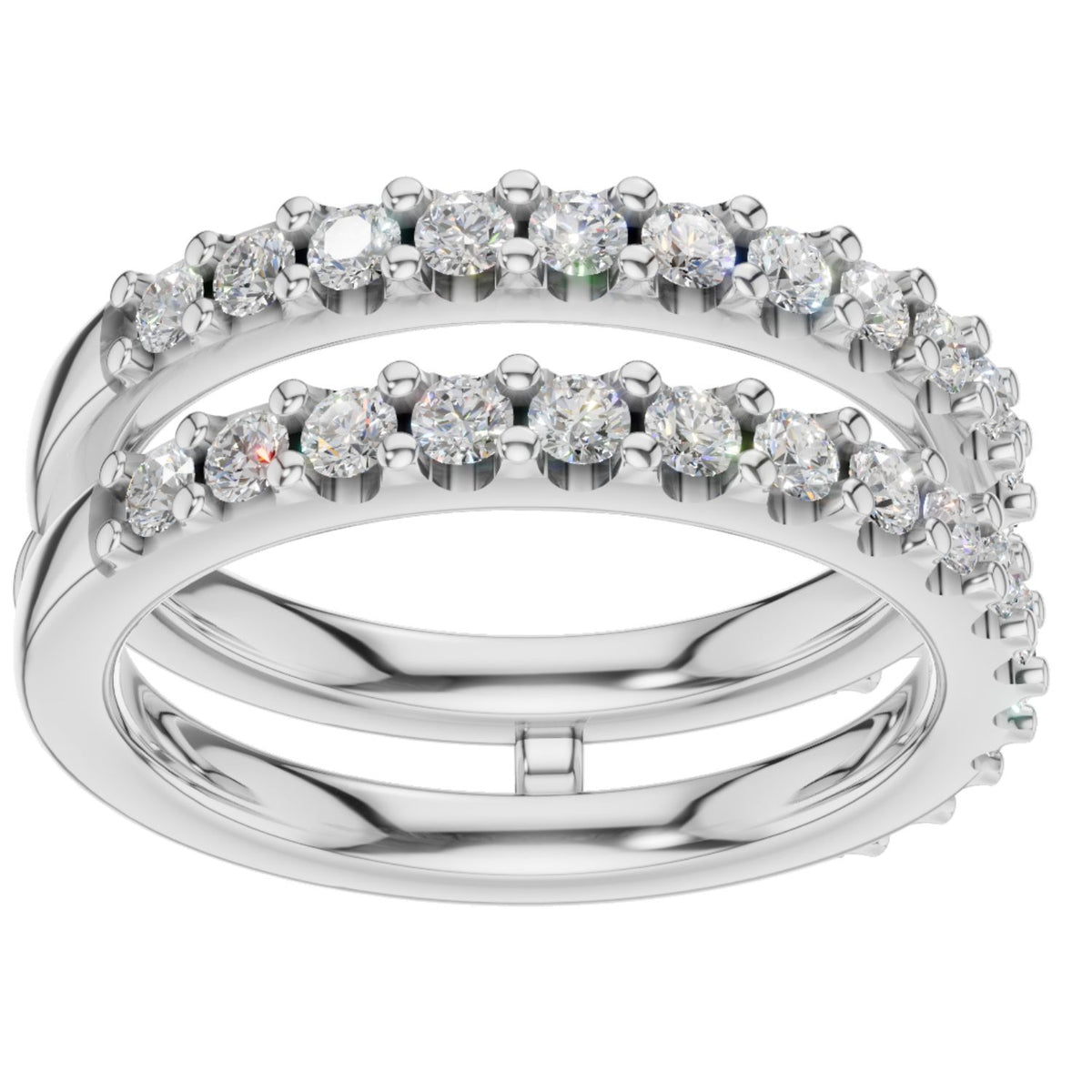 Diamond wrap band for engagement ring in 14K white gold showing two-piece enhancer design with shared-prong diamonds. Available in sizes $4, 4.5, 5, 5.5, 6, 6.5, 7, 7.5, 8, 8.5, 9, 9.5, 10$