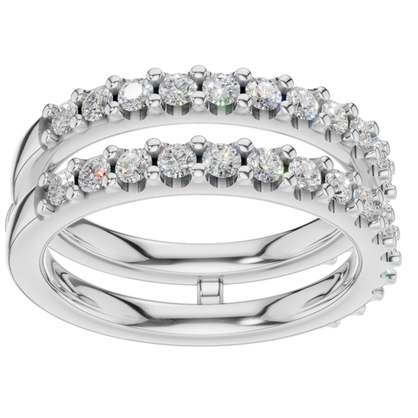 Diamond wrap band for engagement ring in 14K white gold showing two-piece enhancer design with shared-prong diamonds. Available in sizes $4, 4.5, 5, 5.5, 6, 6.5, 7, 7.5, 8, 8.5, 9, 9.5, 10$