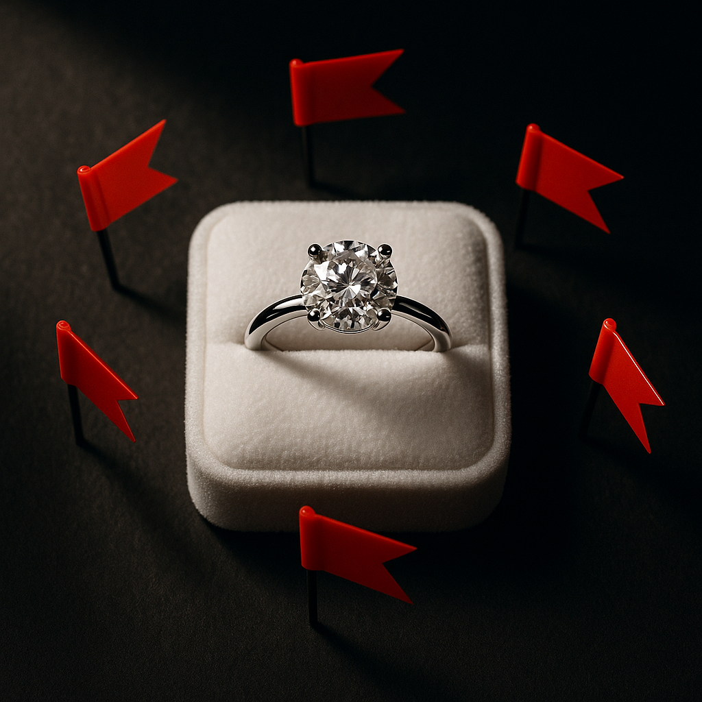 A diamond engagement ring displayed on a white ring box surrounded by small red flags symbolizing warning signs in Black Friday ring shopping.
