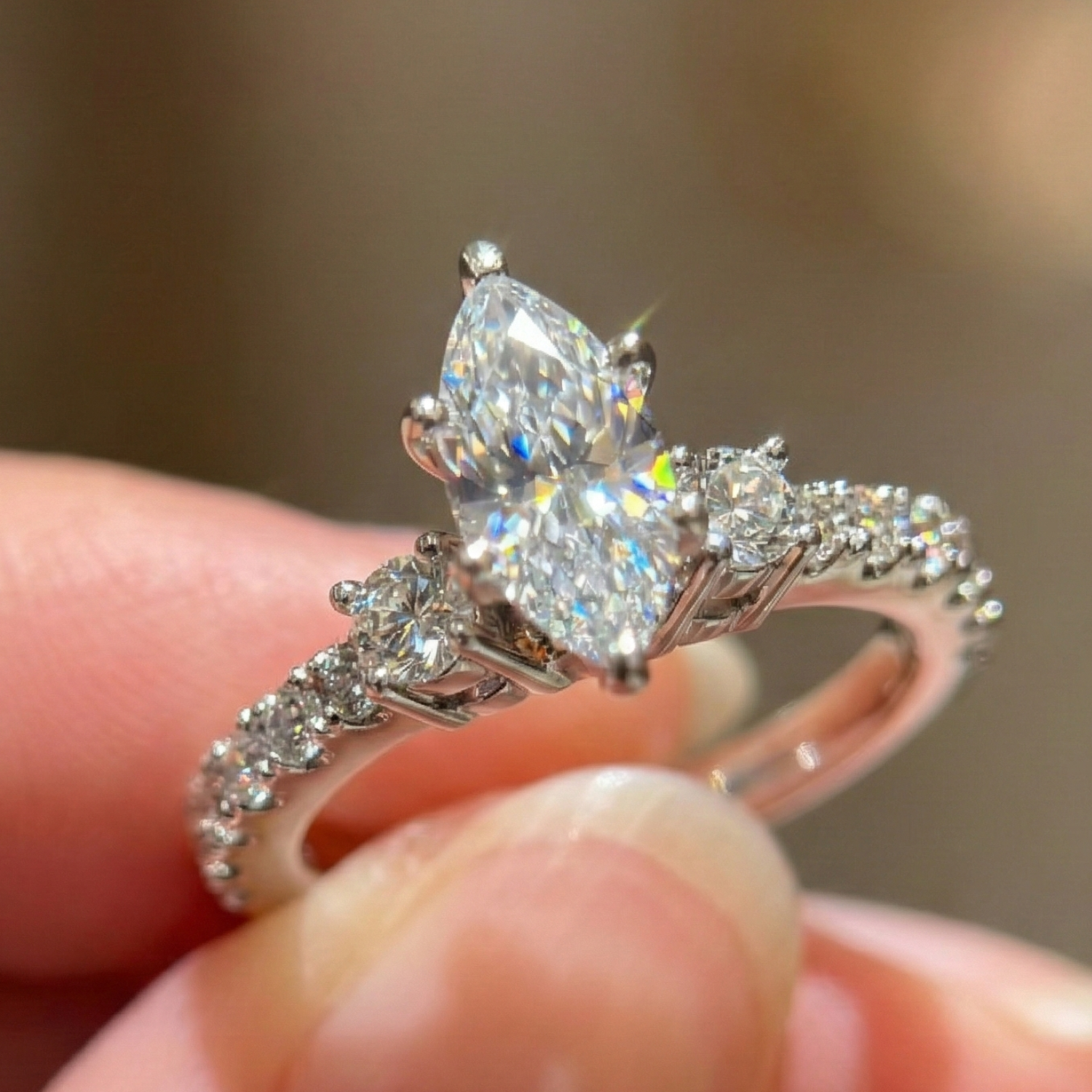 A marquise-cut diamond engagement ring with a twisted spiral band and pavé side stones, shown close-up between two fingers.