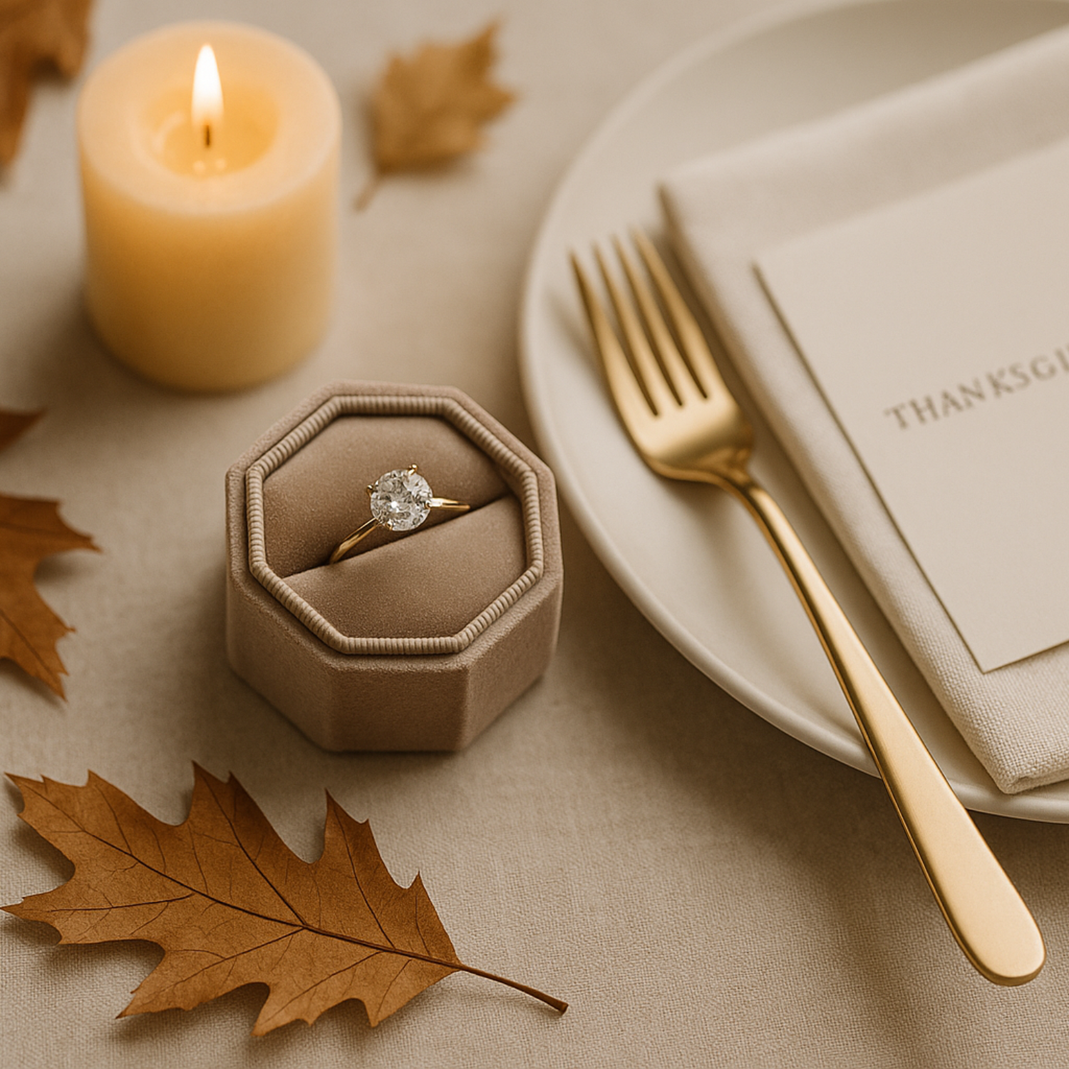A diamond engagement ring in a beige velvet box placed on a fall-themed table setting with a lit candle, dried leaves, gold flatware, and a folded napkin on a plate.