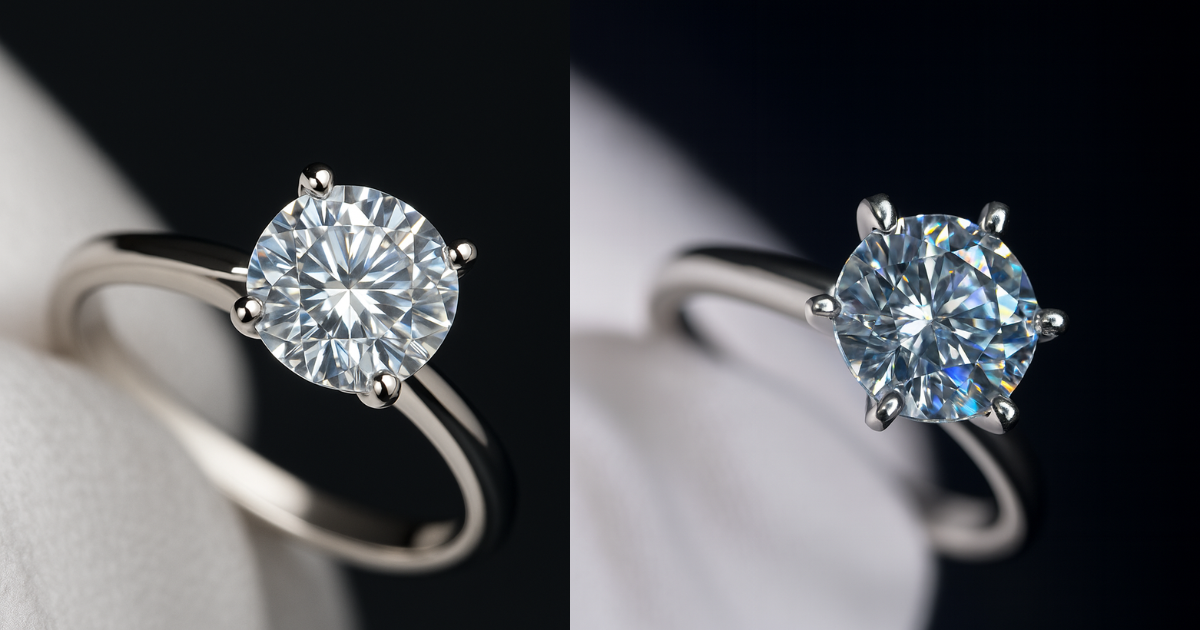 A side-by-side comparison of a 4-prong solitaire engagement ring and a 6-prong solitaire engagement ring, each featuring a round brilliant diamond on a white metal band.