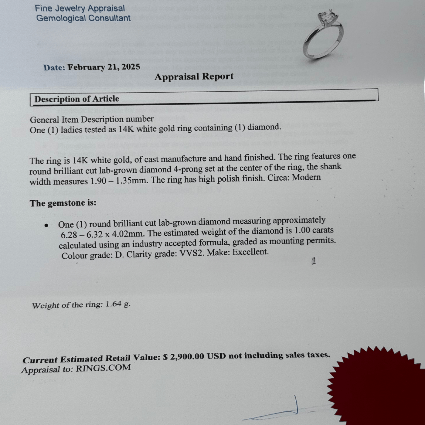 Appraisal certificate for 1ct lab-grown diamond (D, VVS2) in sizes $5, 5.5, 6, 6.5, 6.75, 7, 8$ 