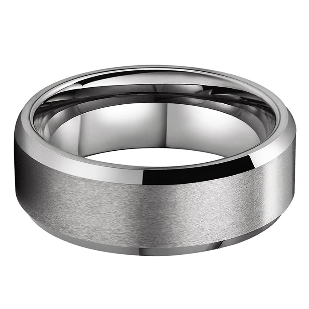Matte finish 8mm tungsten carbide ring with beveled edges, shown in $8mm Silver$ — ideal as a men’s wedding band or unisex fashion ring.