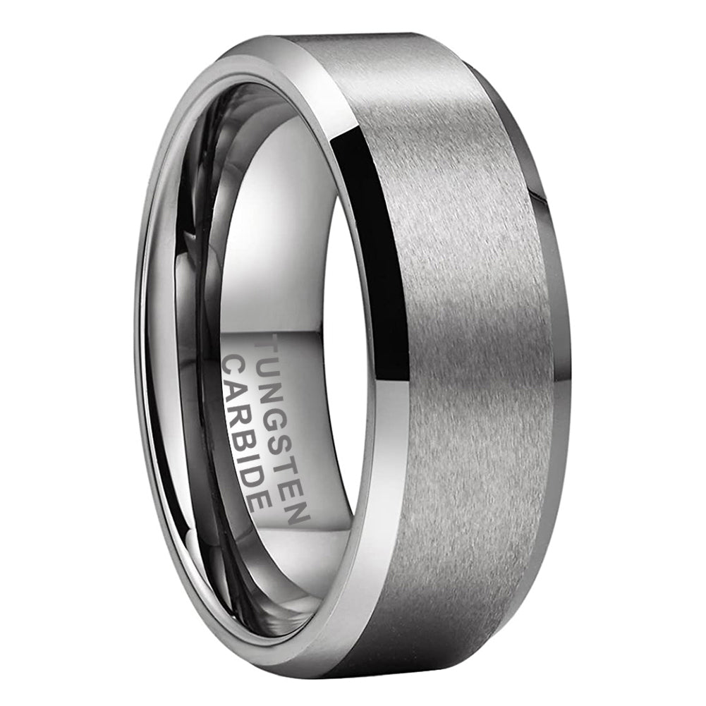 Matte finish 8mm tungsten carbide ring with beveled edges, shown in $8mm Silver$ — ideal as a men’s wedding band or unisex fashion ring.