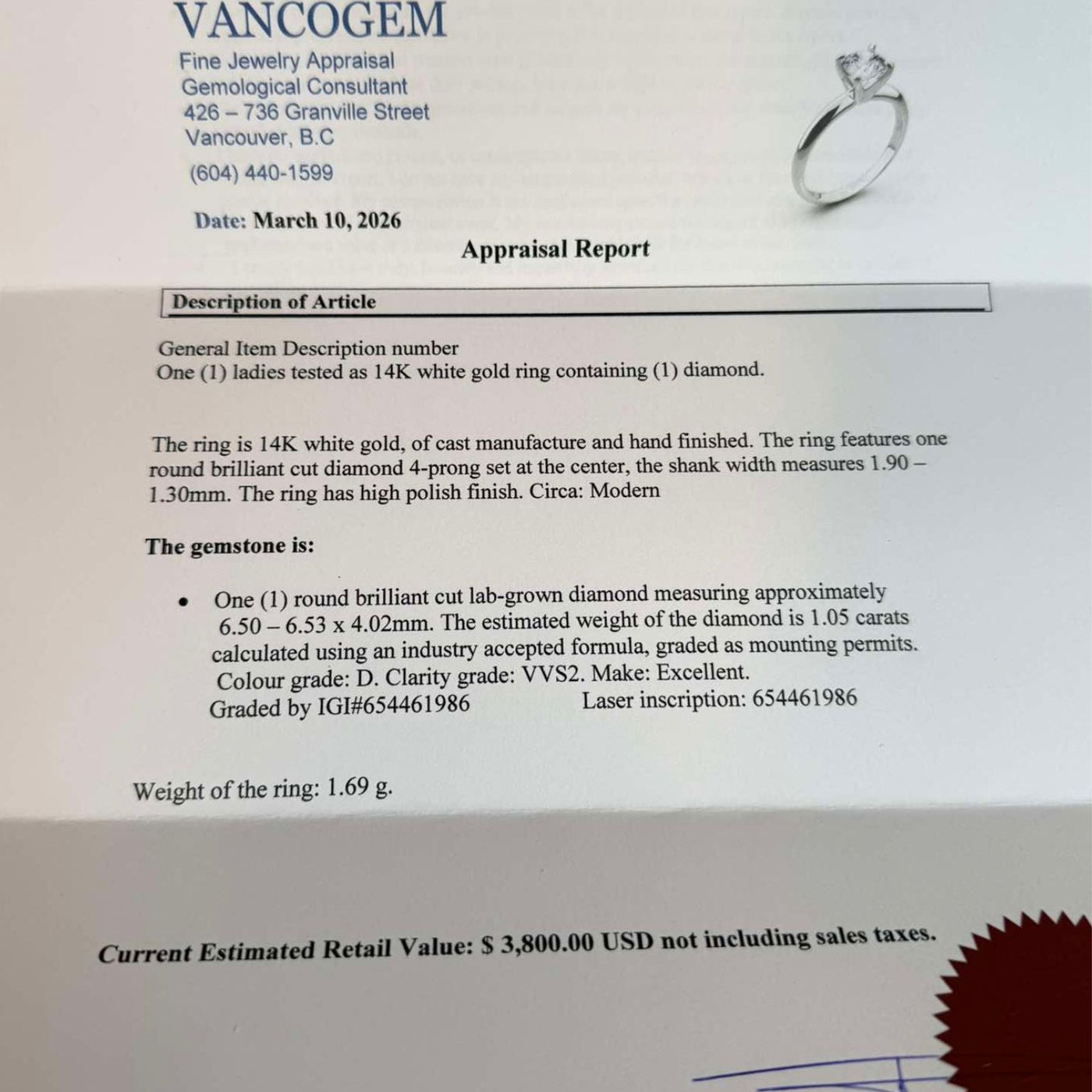 Jewelry appraisal report with a diamond ring on a white background in sizes $5, 5.5, 6, 6.5, 6.75, 7, 8$ 