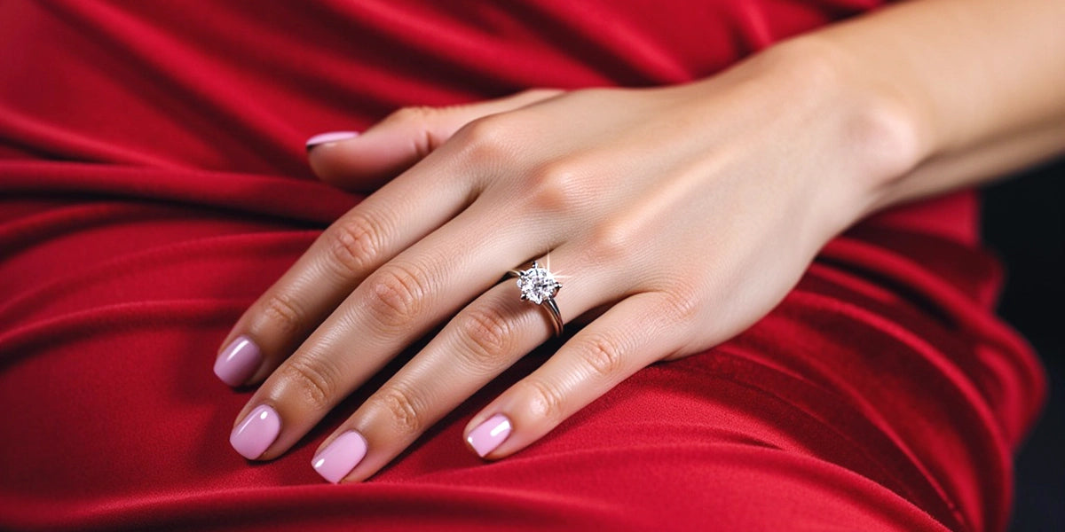 Diamond ring styled on red silk fabric