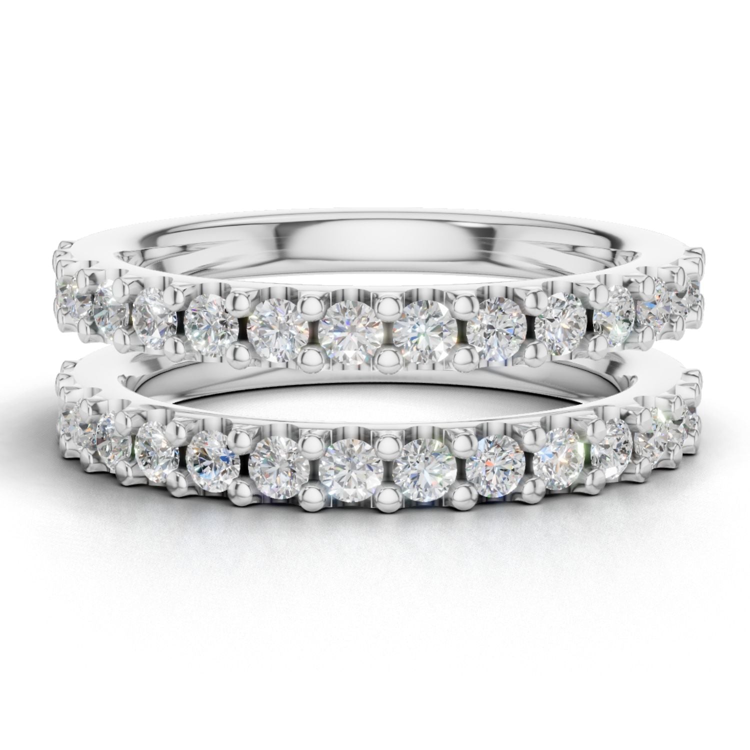 Diamond wrap band for engagement ring in 14K white gold showing two-piece enhancer design with shared-prong diamonds. Available in sizes $4, 4.5, 5, 5.5, 6, 6.5, 7, 7.5, 8, 8.5, 9, 9.5, 10$