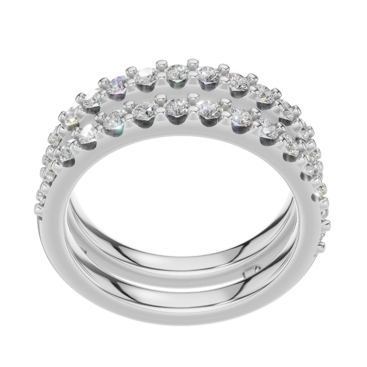Top view of 14K white gold diamond wrap enhancer band featuring double rows of round lab-grown diamonds. Available in sizes $4, 4.5, 5, 5.5, 6, 6.5, 7, 7.5, 8, 8.5, 9, 9.5, 10$