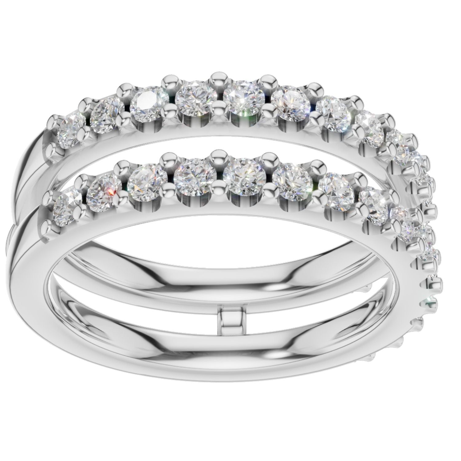 Diamond wrap band for engagement ring in 14K white gold showing two-piece enhancer design with shared-prong diamonds. Available in sizes $4, 4.5, 5, 5.5, 6, 6.5, 7, 7.5, 8, 8.5, 9, 9.5, 10$