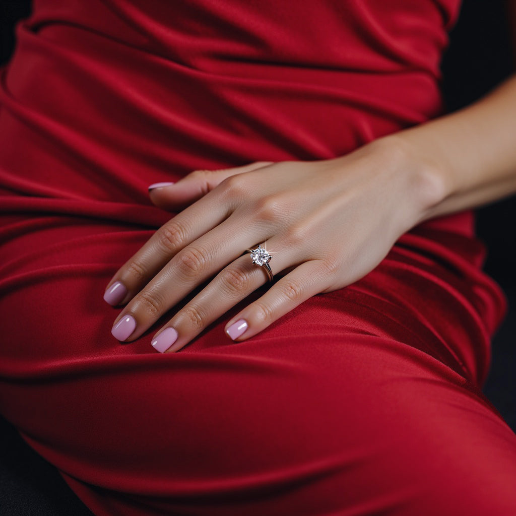 Diamond engagement ring displayed on red silk fabric