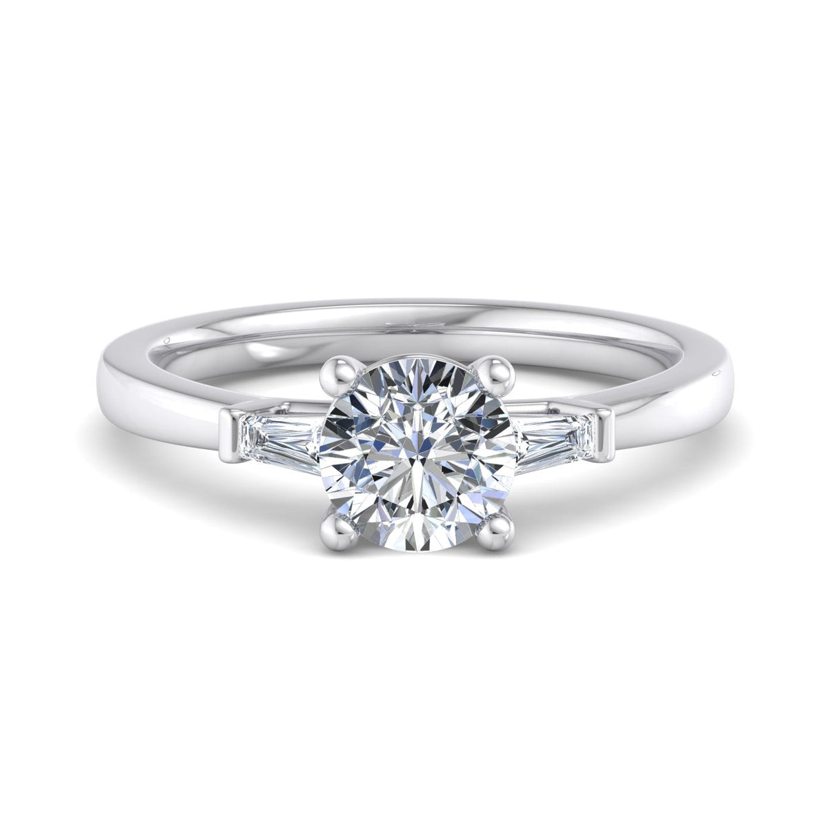 Three-Stone Emerald Cut Engagement Ring – Arc Style in $14K White Gold 18K White Gold Platinum$
